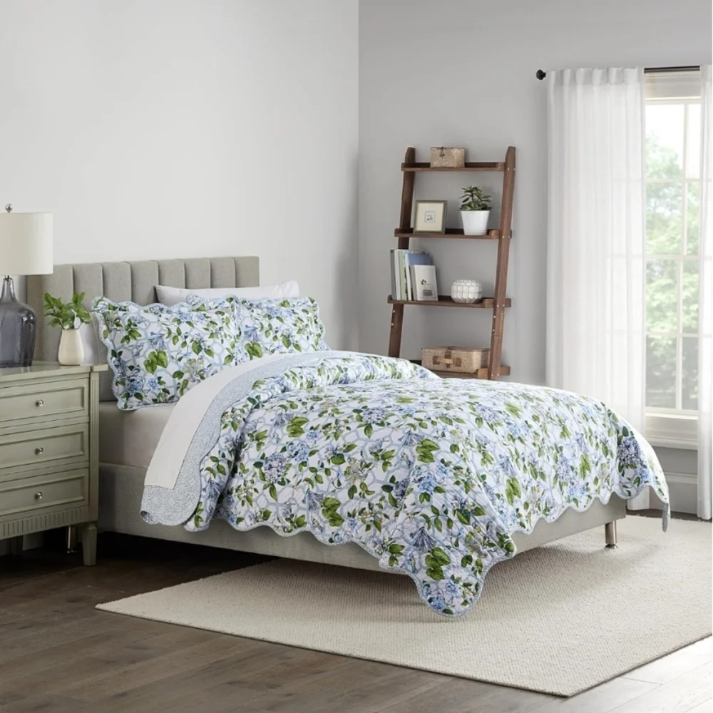 Waverly Treillage Trellis Blue White Floral KING Bedspread quilt Set 3pc